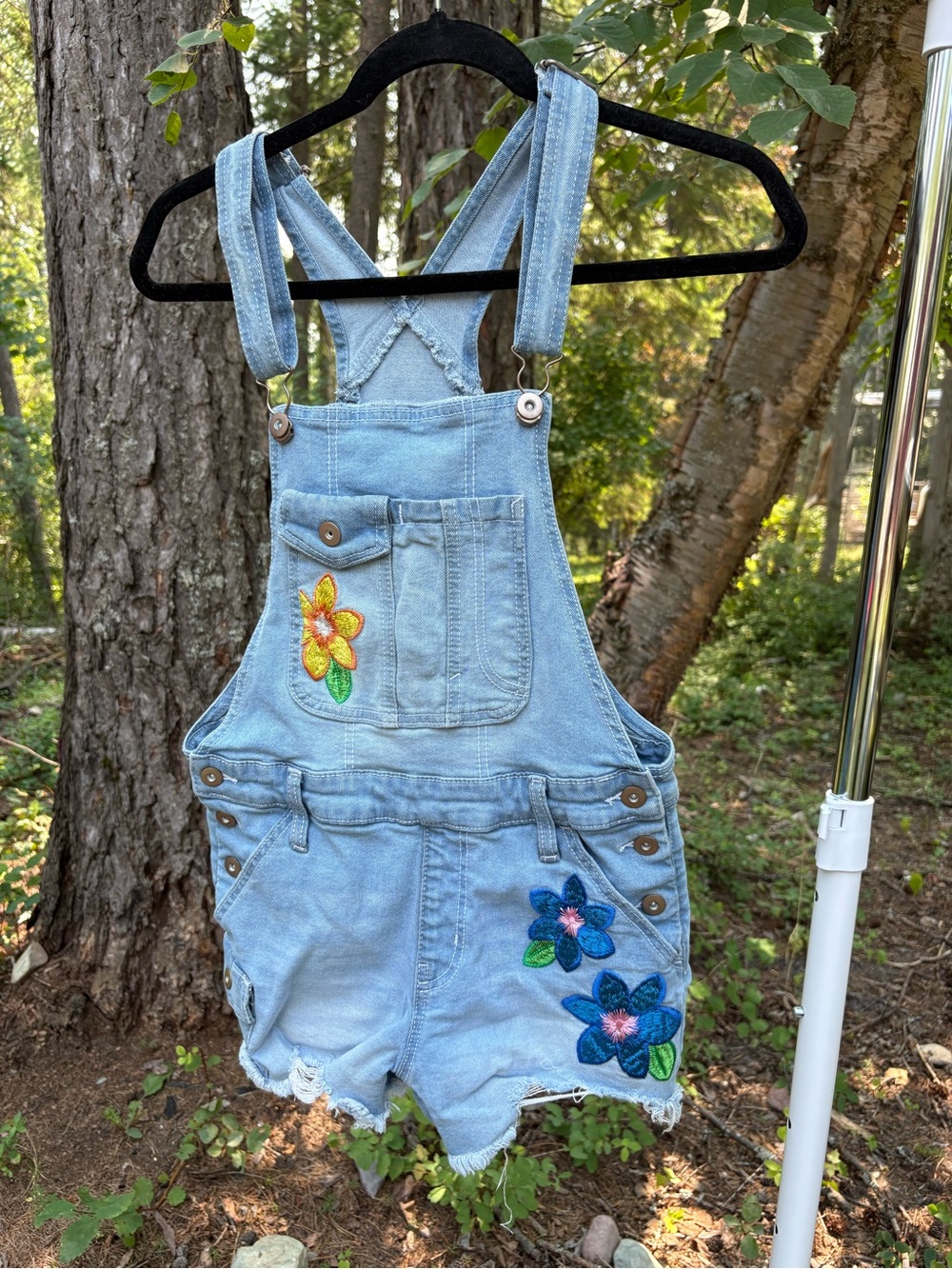 No Boundaries Light Blue Denim Short Overalls with Embroidered Flowers